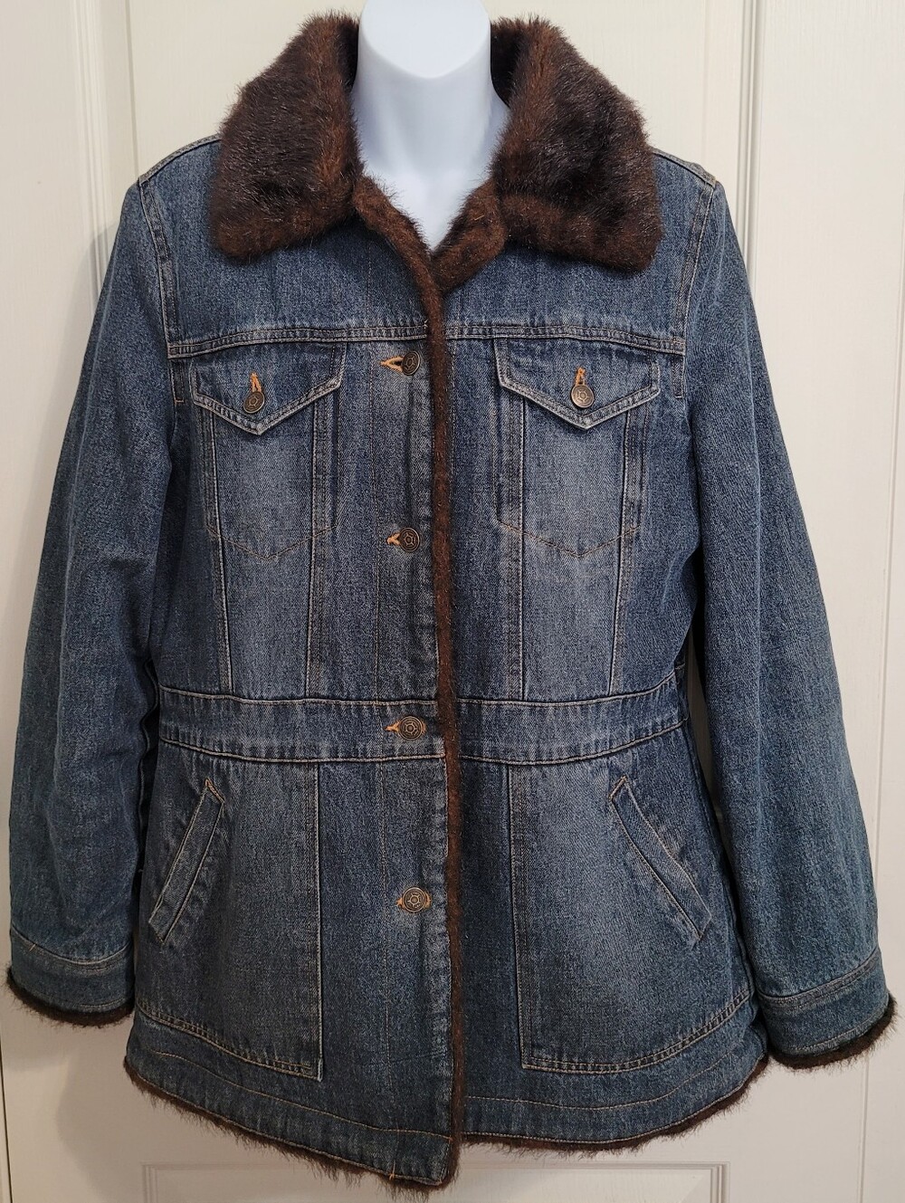 Marvin Richards Blue Denim & Faux Fur Coat Jacket - Sz L, EUC